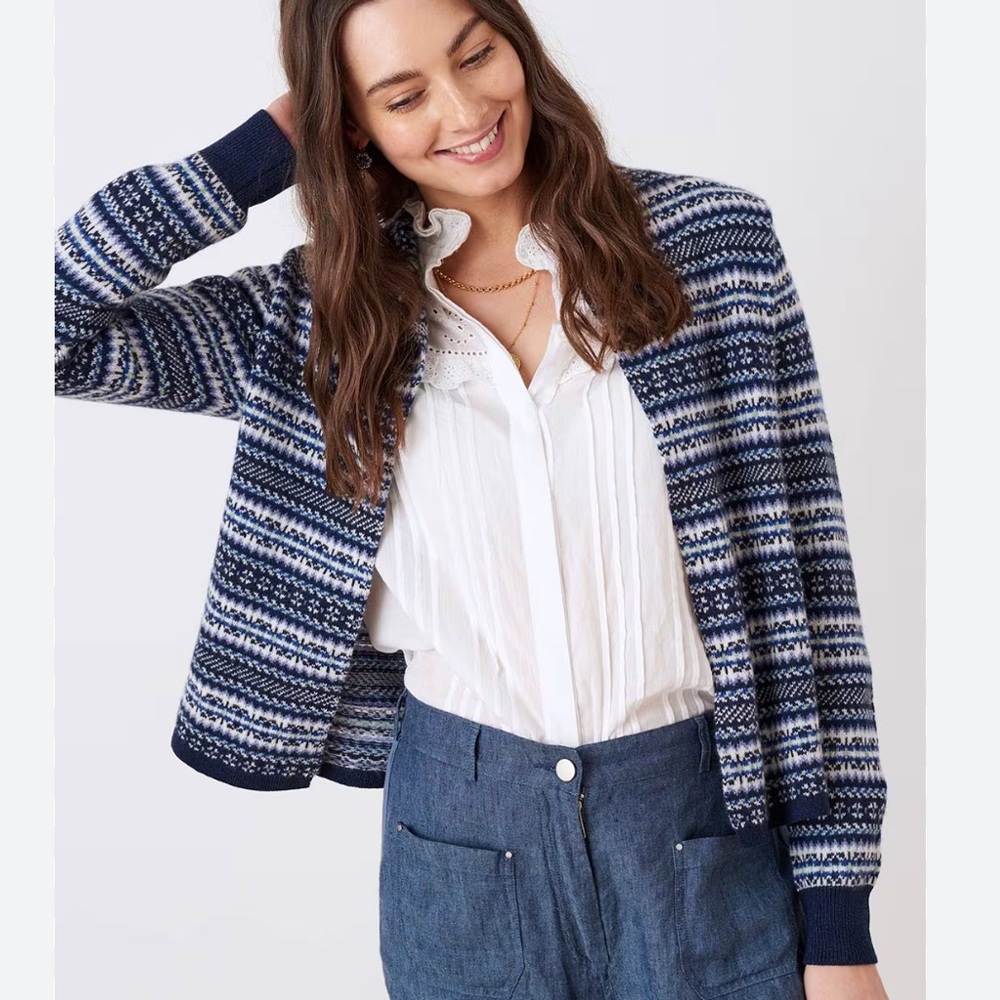 BRORA 100% Scottish Cashmere Fair Isle Shawl Cardigan in Navy - XS/S